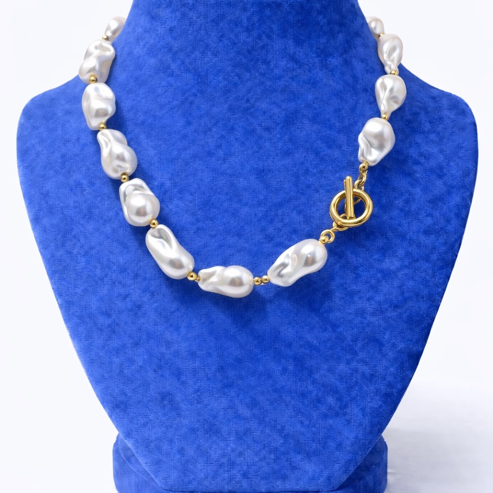 Gold Toggle Baroque Pearl Necklace - White Pearls
